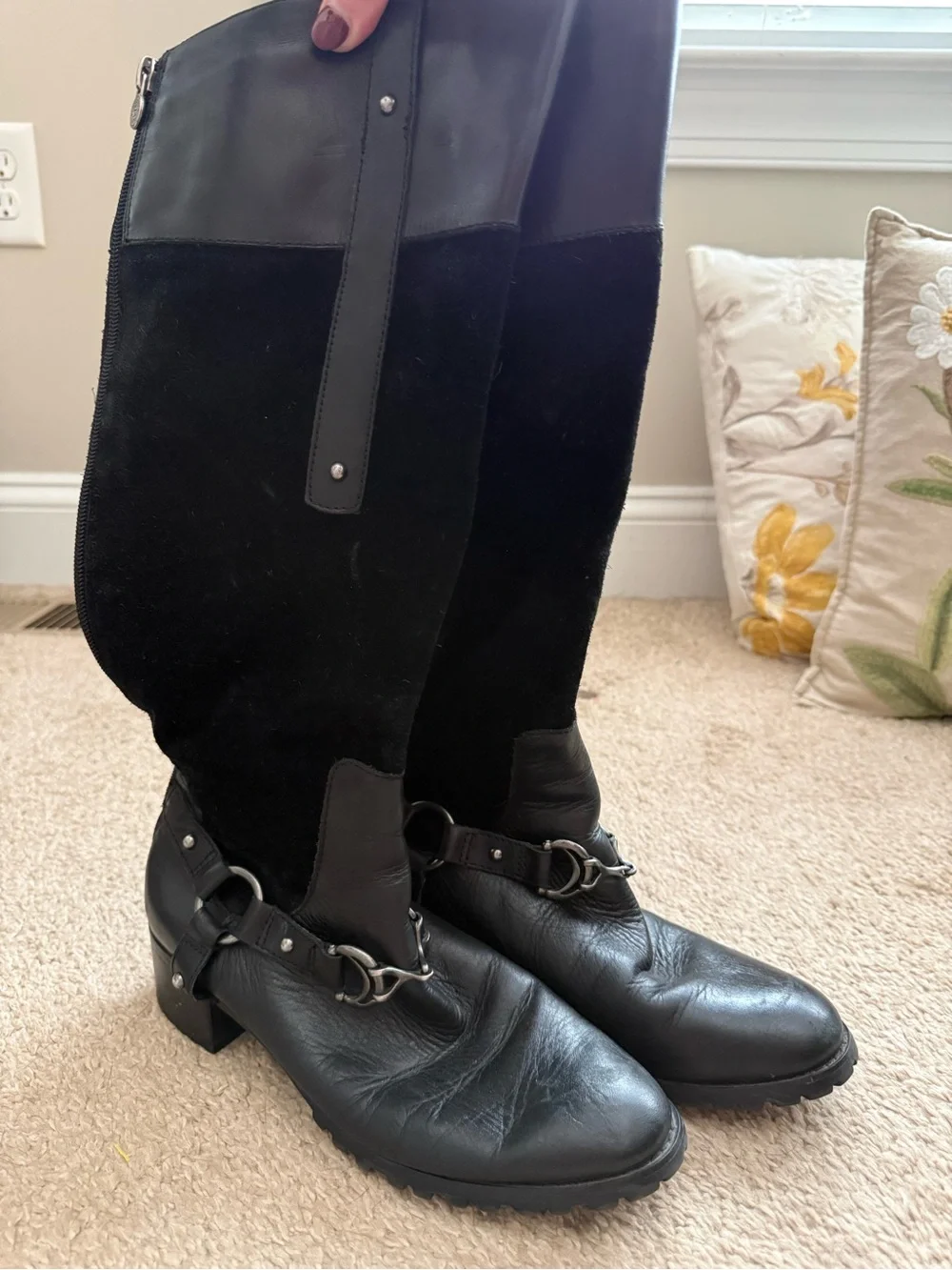 Black Women's Etienne Aigner Knee-High Leather & Suede Riding Boots